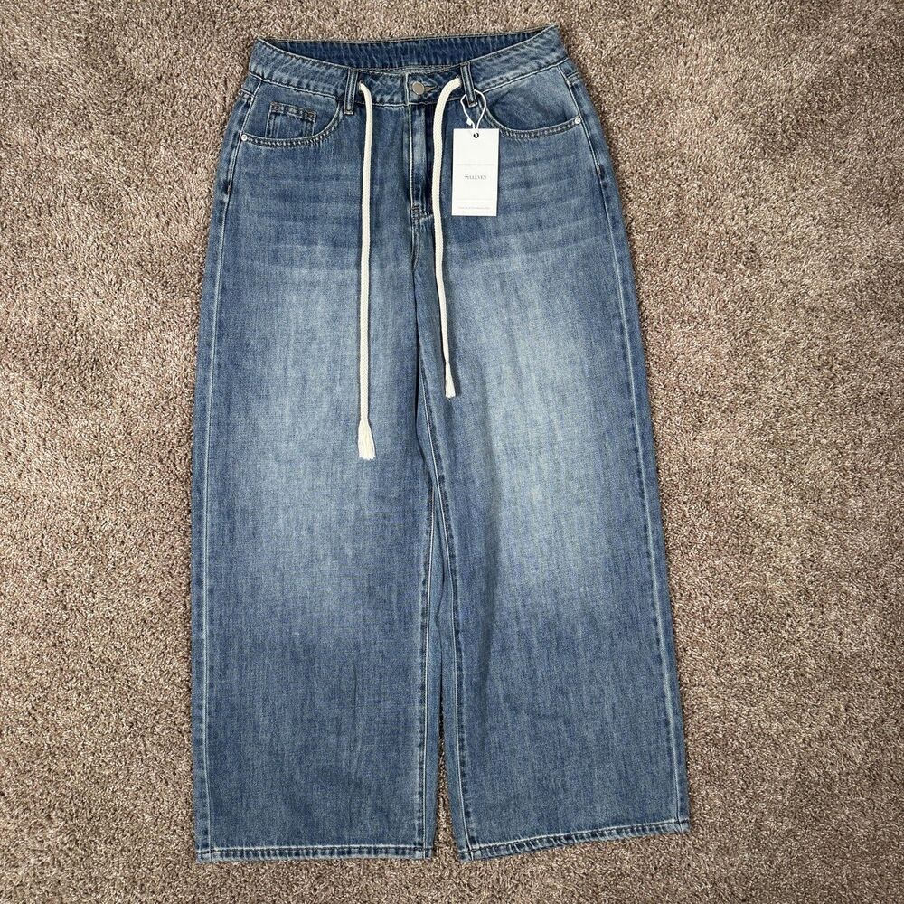 Elleven Jeans Womens 8 Blue Wide Leg High Rise Elastic Waist Relaxed Denim